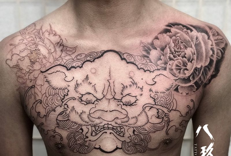 唐狮子纹身图片_新传统纹身图案