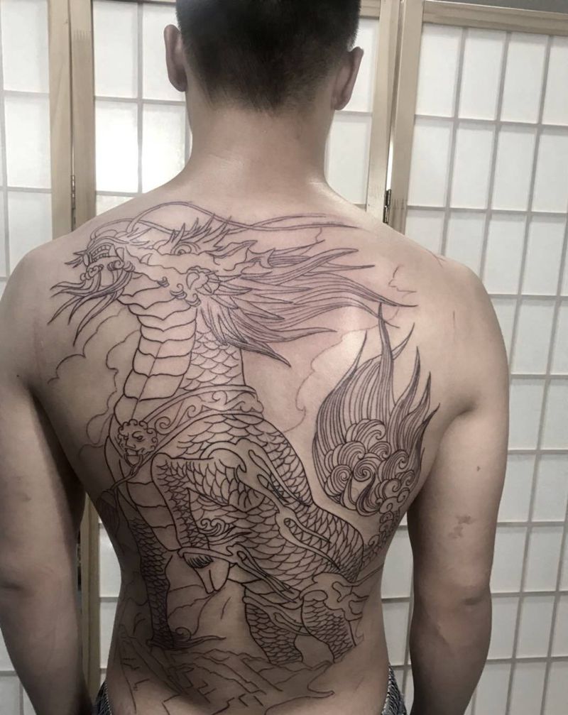 驻店师傅满背线条500起纹身图片_新传统纹身图案