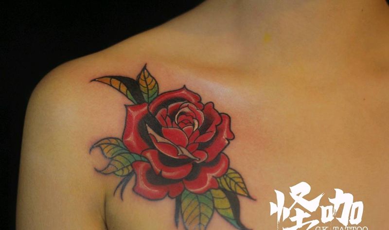 经典school玫瑰纹身图片