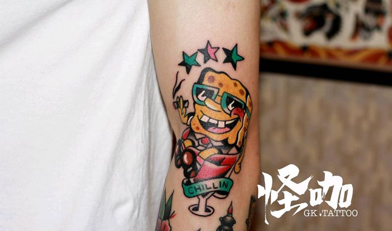 school海绵宝宝纹身图片_手臂Old School纹身图案