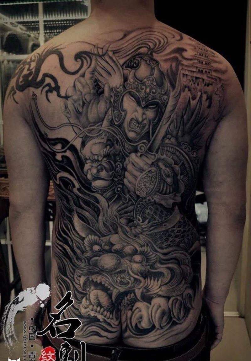 骑狮天神未完成纹身图片_手稿背部传统肖像写实贴纸植物人物鬼神原创纹身图案