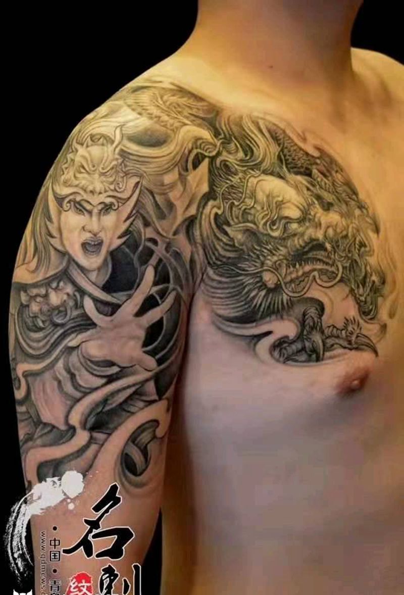 赵子龙半甲纹身图片_手臂新传统纹身图案