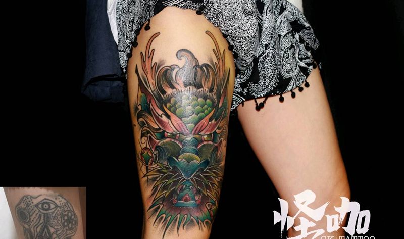 遮盖--龙头纹身图片_腿部New School纹身图案