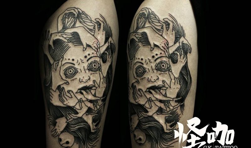 暗黑系疤痕遮盖纹身图片_腿部Old School纹身图案