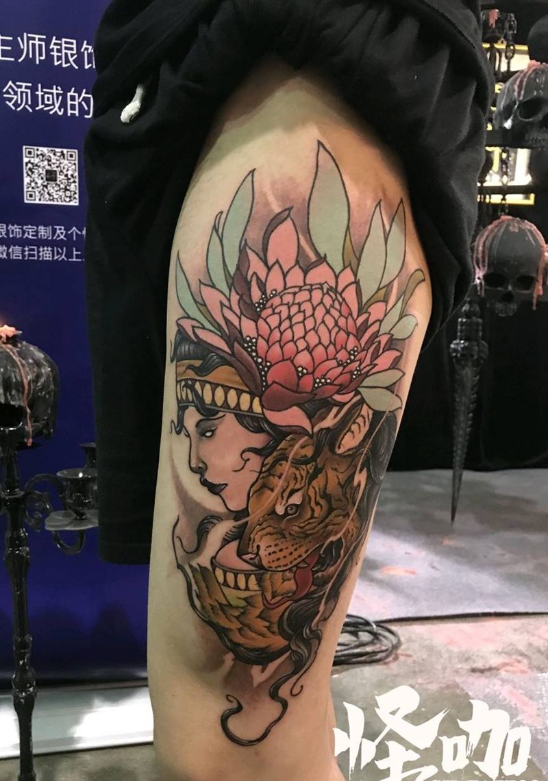 美女与野兽纹身图片_腿部New School纹身图案