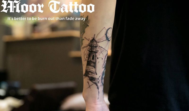 灯塔纹身图片_手臂成品纹身图案