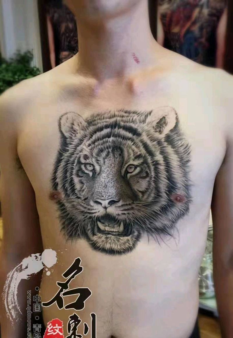 虎纹身图片_胸部欧美写实纹身图案