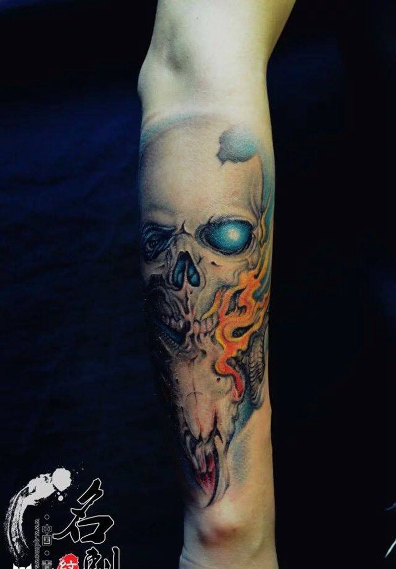 骷髅包小臂进程纹身图片