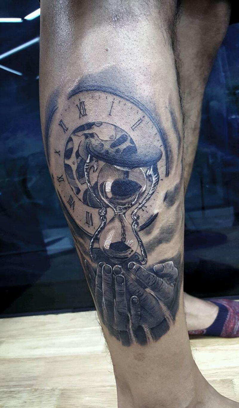 时间纹身图片_腿部欧美原创暗黑青岛成品纹身图案