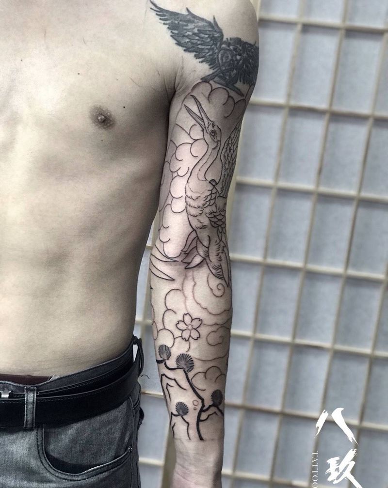 老传统仙鹤纹身图片