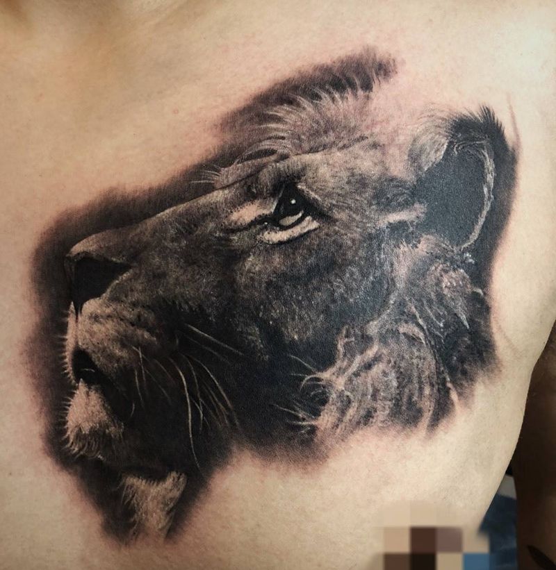 狮子花胸纹身图片_暗黑纹身图案