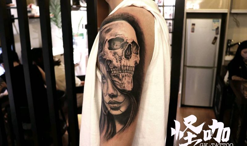 小丑女-骷髅面具纹身图片_手臂欧美写实纹身图案