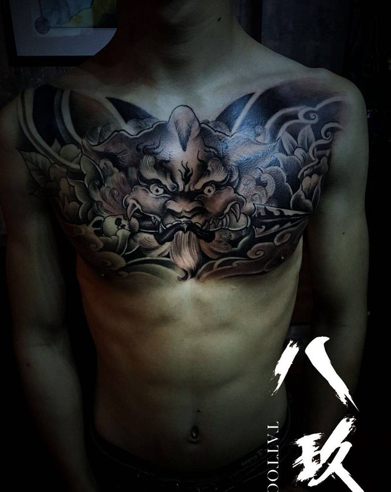 唐狮花胸纹身图片