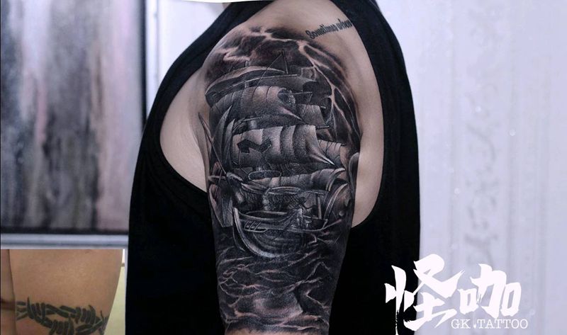 写实遮盖纹身图片_肩部手臂欧美写实纹身图案