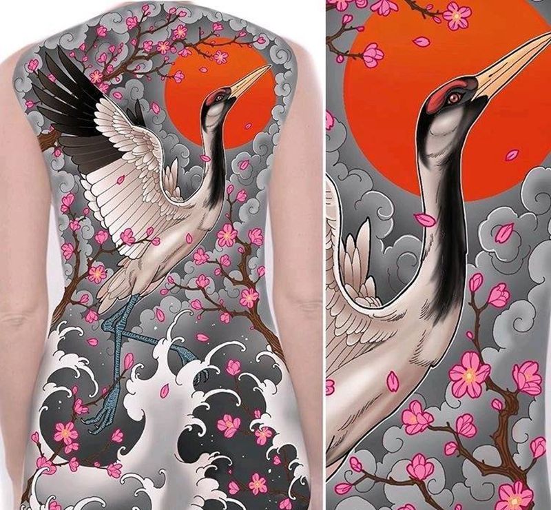 日式满背仙鹤惊喜价只做一位纹身图片_背部老传统纹身图案