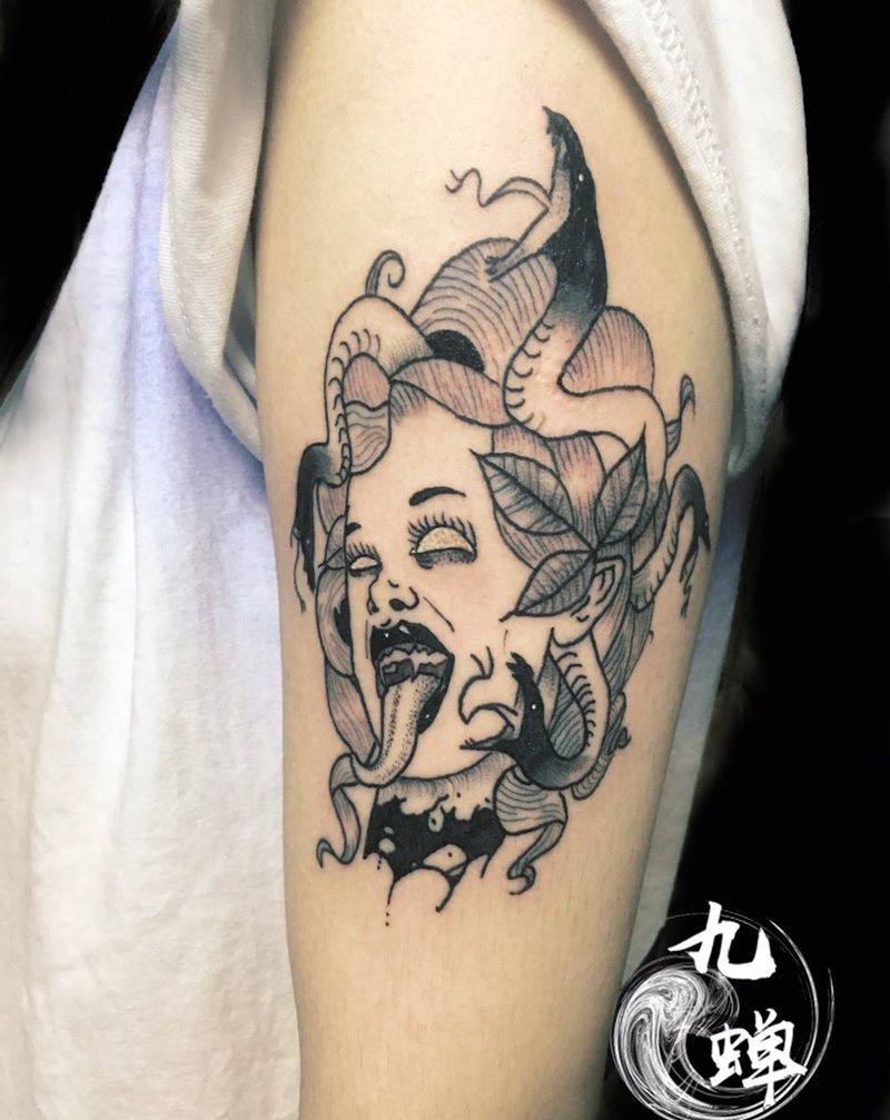 美杜莎纹身图片_成品手臂欧美鬼神纹身图案
