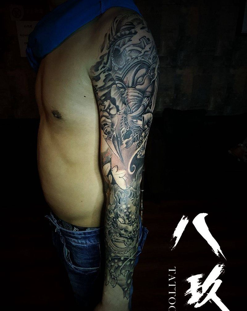 唐狮，象神纹身图片