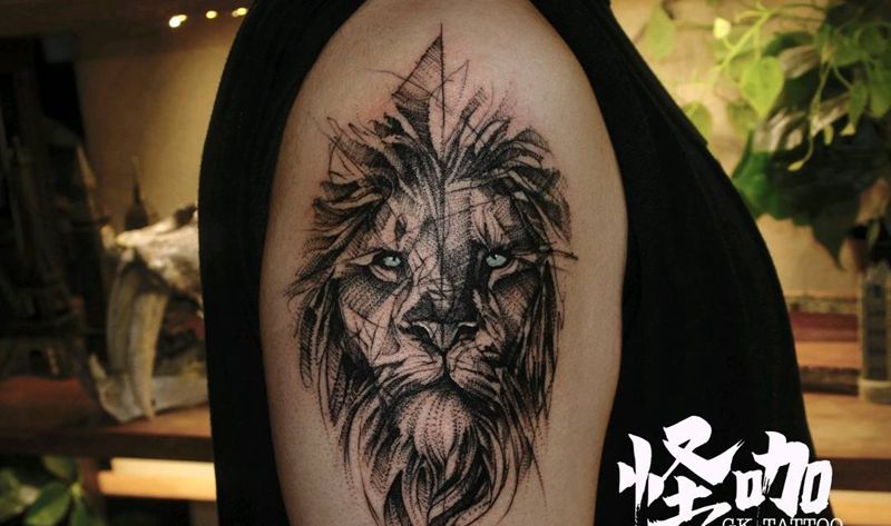 线条狮子纹身图片_手臂几何欧美写实纹身图案