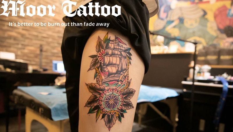 帆船纹身图片_腿部欧美成品纹身图案