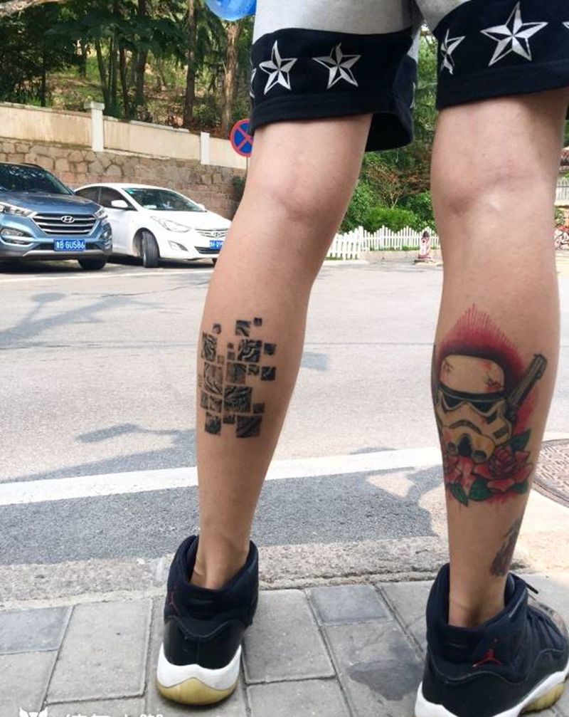 拼图老虎纹身图片_腿部写实原创成品纹身图案