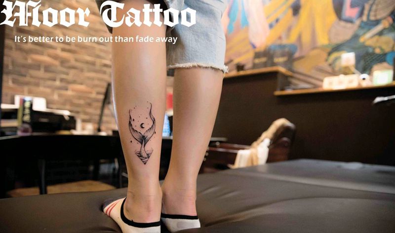 美人鱼纹身图片_腿部清新成品纹身图案