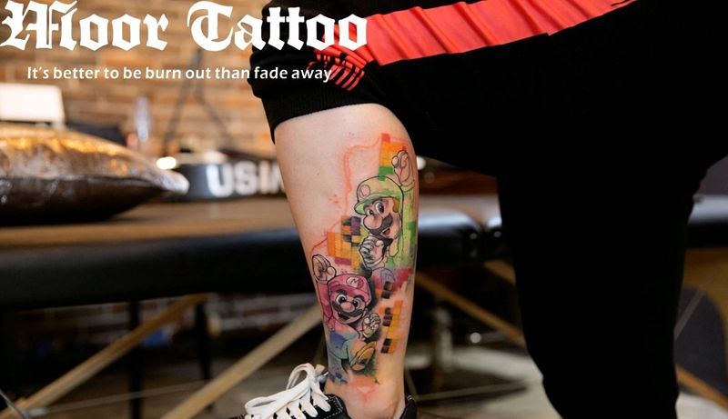 超级玛丽纹身图片_腿部成品纹身图案