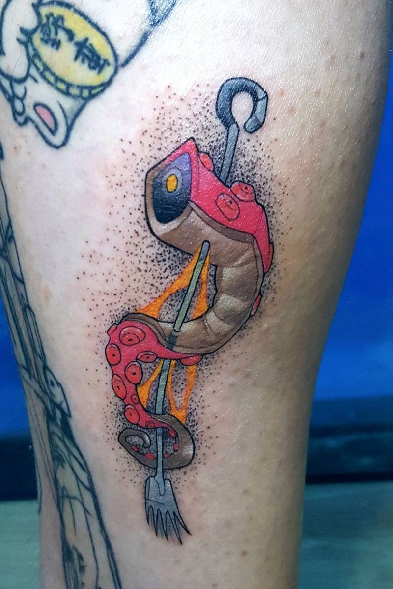 章鱼爪和纹身针纹身图片_腿部欧美动物彩色成品纹身图案