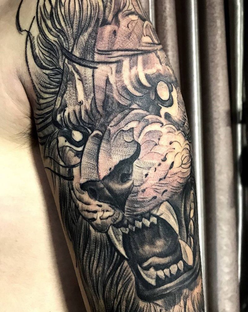 狮子王纹身图片_成品手臂欧美动物青岛刺青黄岛青岛狮子鹿纹身图案