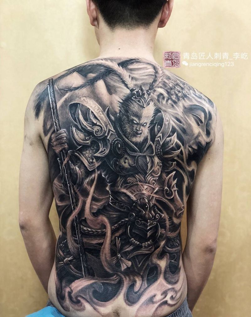 齐天大圣 孙悟空 猴子纹身图片_成品背部传统写实人物鬼神原创纹身图案