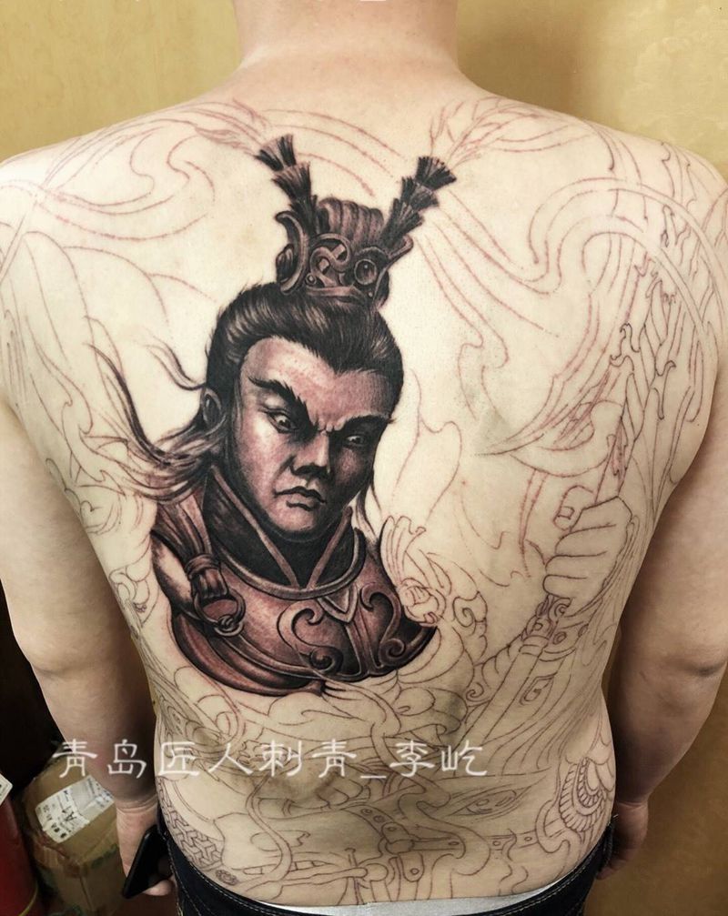 吕布满背纹身图片_成品人物背部传统写实纹身图案