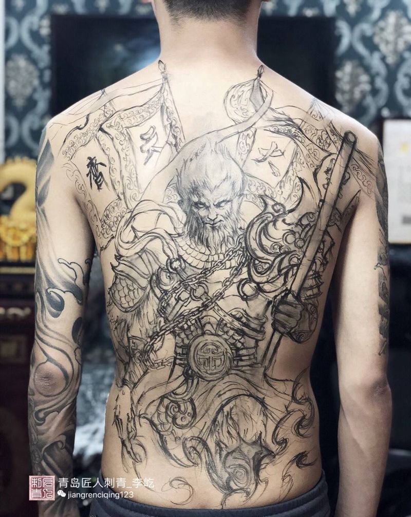 齐天大圣2纹身图片_成品背部传统写实人物原创纹身图案