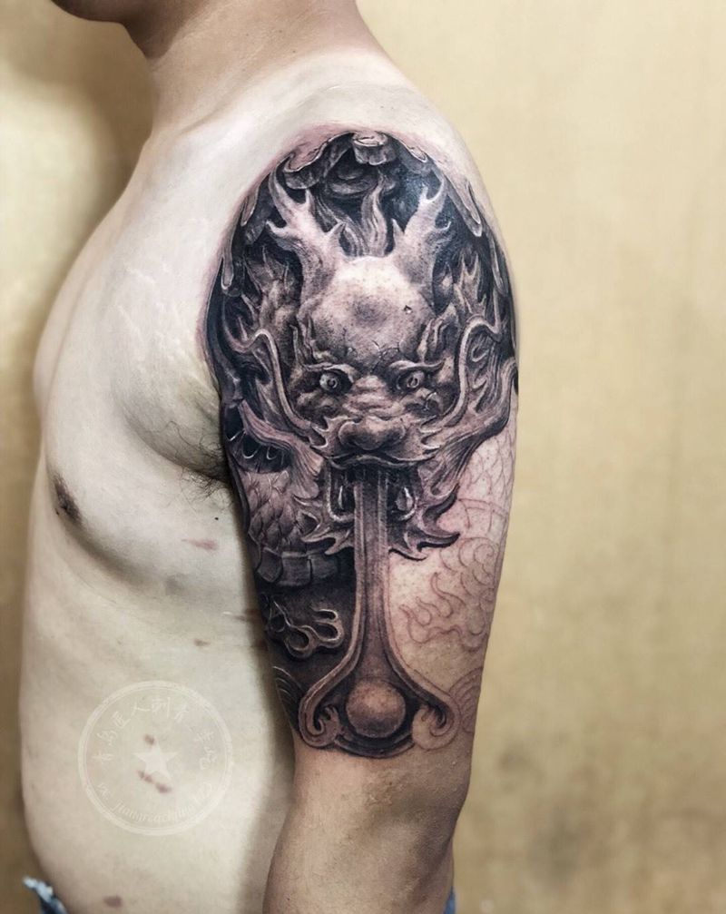 石雕龙半臂未完成纹身图片