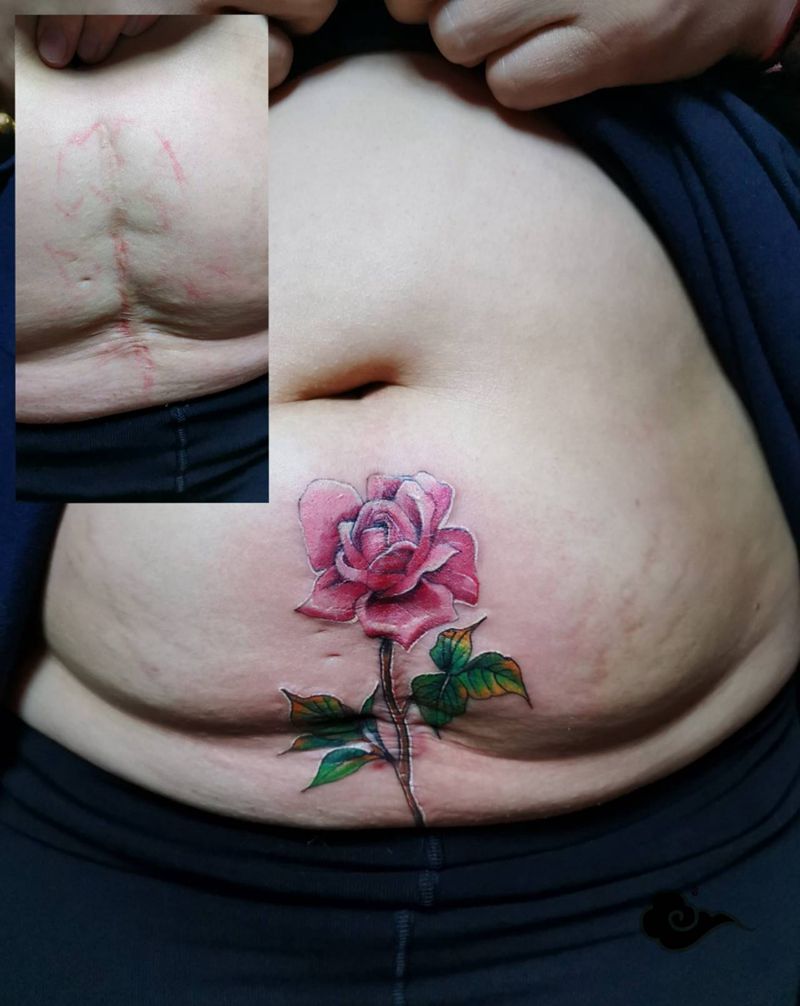 遮盖剖腹产疤痕纹身图片_腹部Old School剖腹产纹身图案
