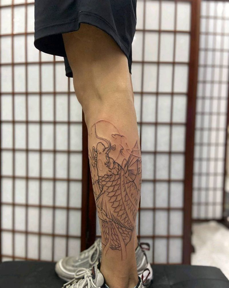 小腿线条纹身图片_腿部纹身图案