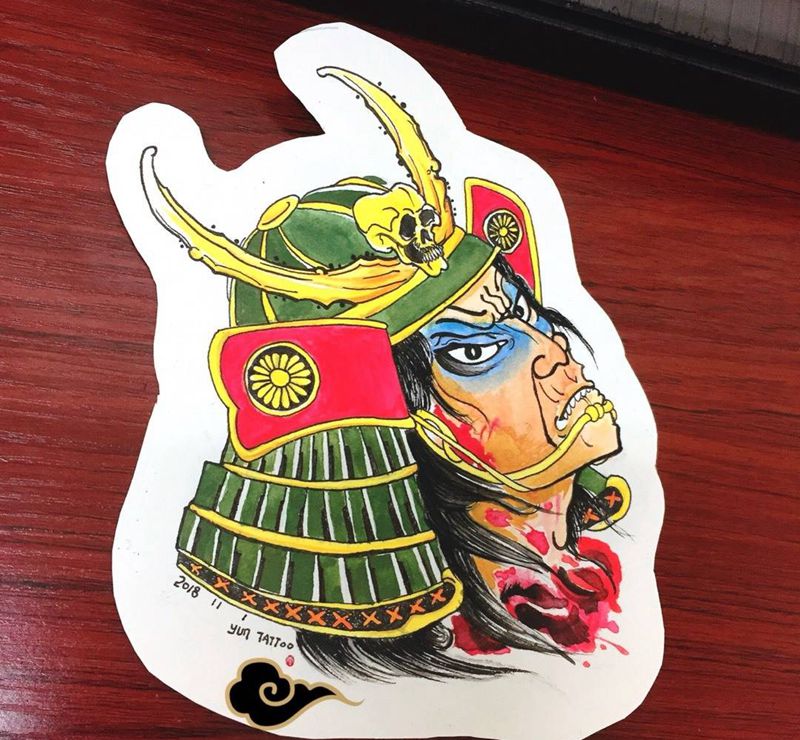 生首水彩手稿纹身图片