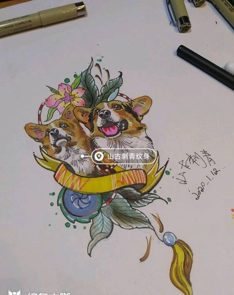 宠物柯基纹身图片_手臂New School纹身图案