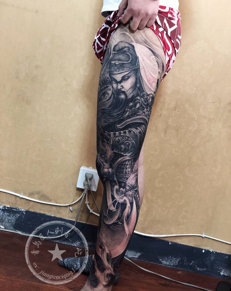 关公 花腿纹身图片_成品腿部传统写实人物原创纹身图案