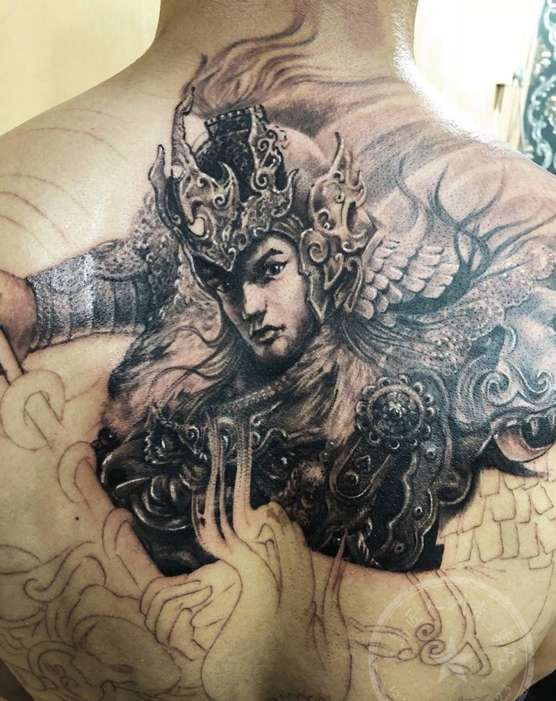 赵云龙临满背纹身图片_成品背部传统写实人物纹身图案