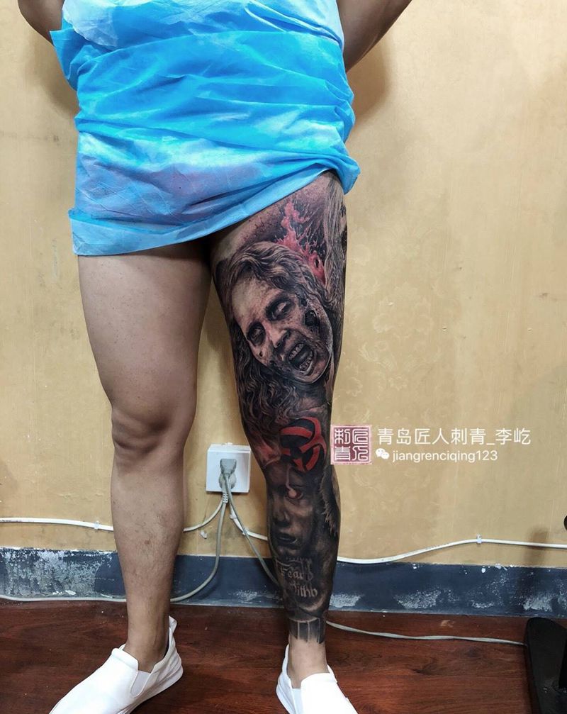 欧美花腿纹身图片_成品腿部欧美写实人物原创纹身图案