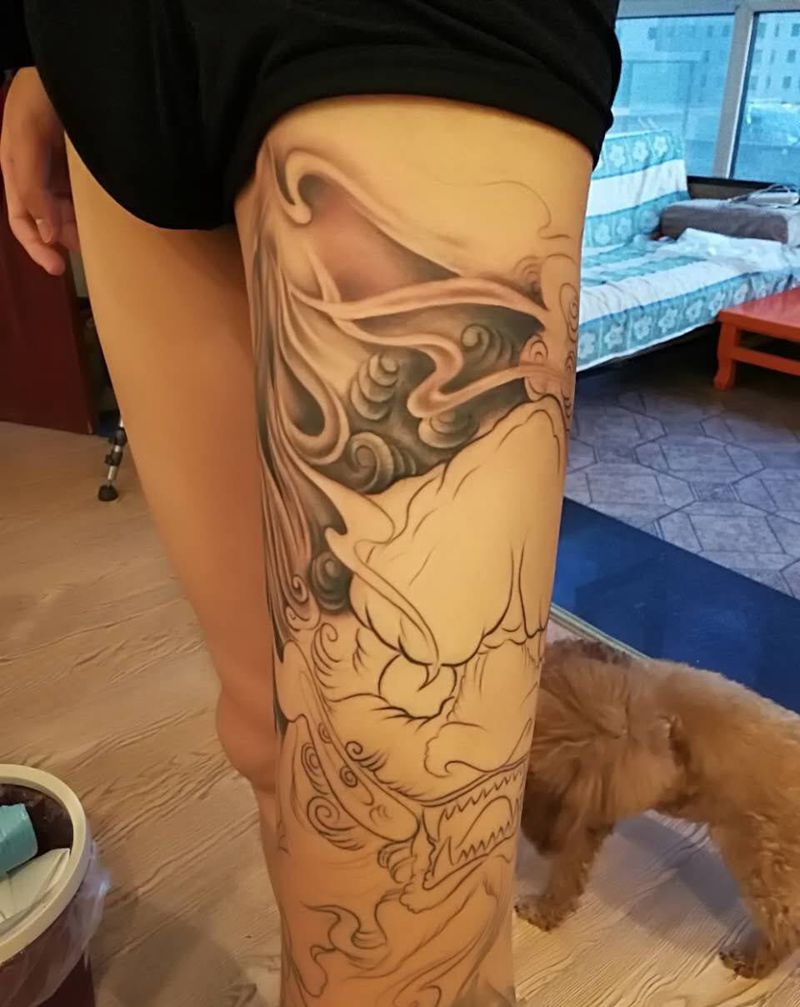 唐狮牡丹未完成纹身图片