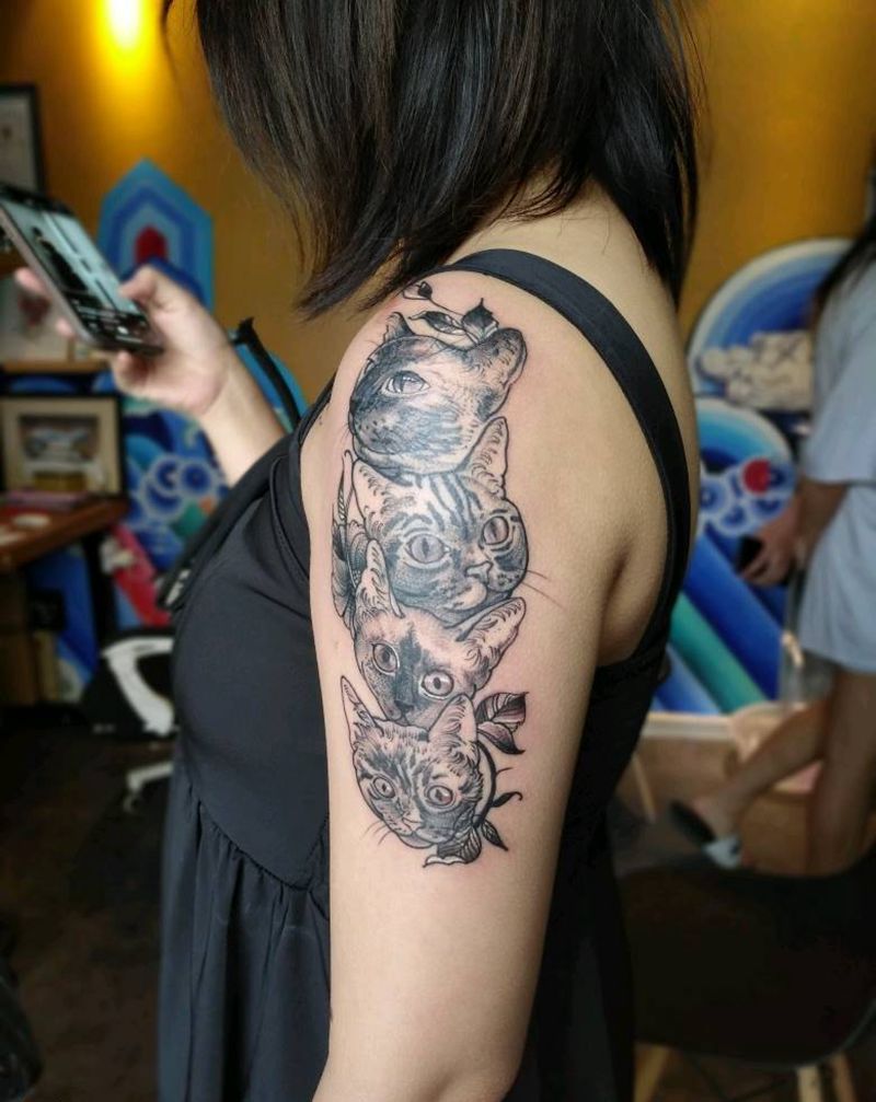 猫纹身图片_肩部点刺几何纹身图案