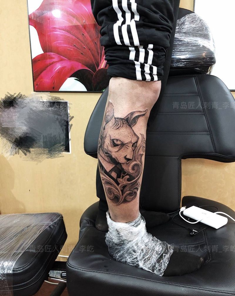 大猫纹身图片_成品腿部欧美清新动物人物原创纹身图案