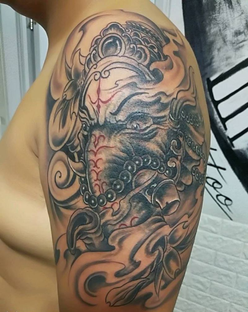 遮盖作品象神纹身图片_肩部传统动物成品纹身图案