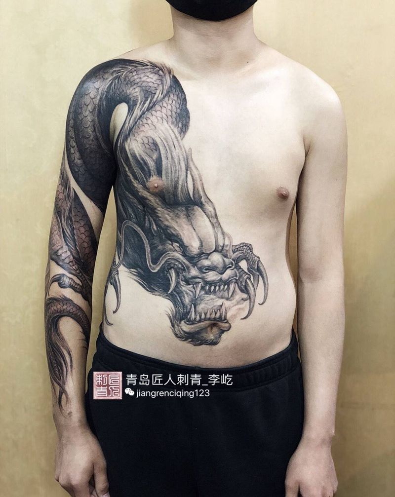 临摹蟠龙 龙花臂纹身图片_成品肩部背部胸部手臂传统写实动物纹身图案