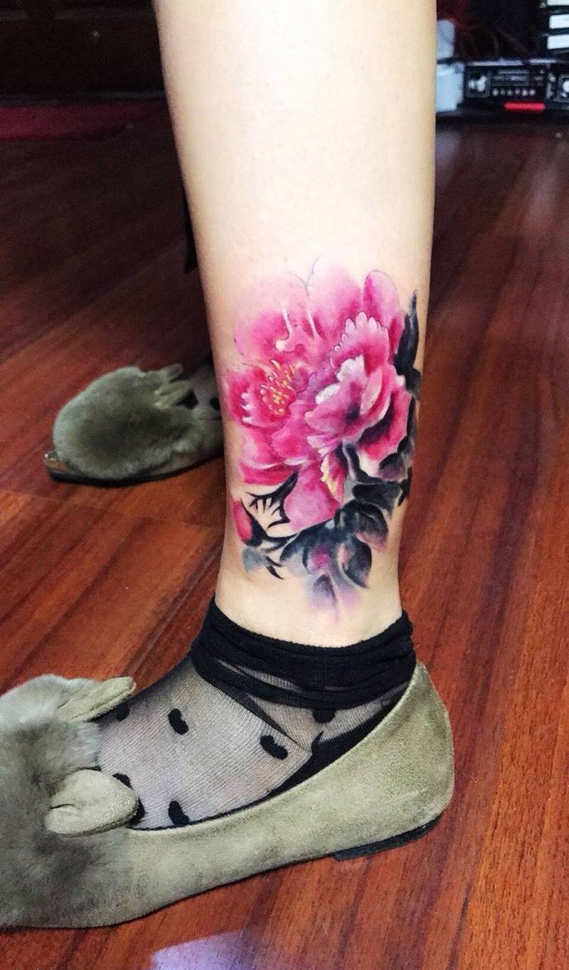 遮盖作品纹身图片_成品腿部国画植物黄岛青岛刺青青岛牡丹纹身图案