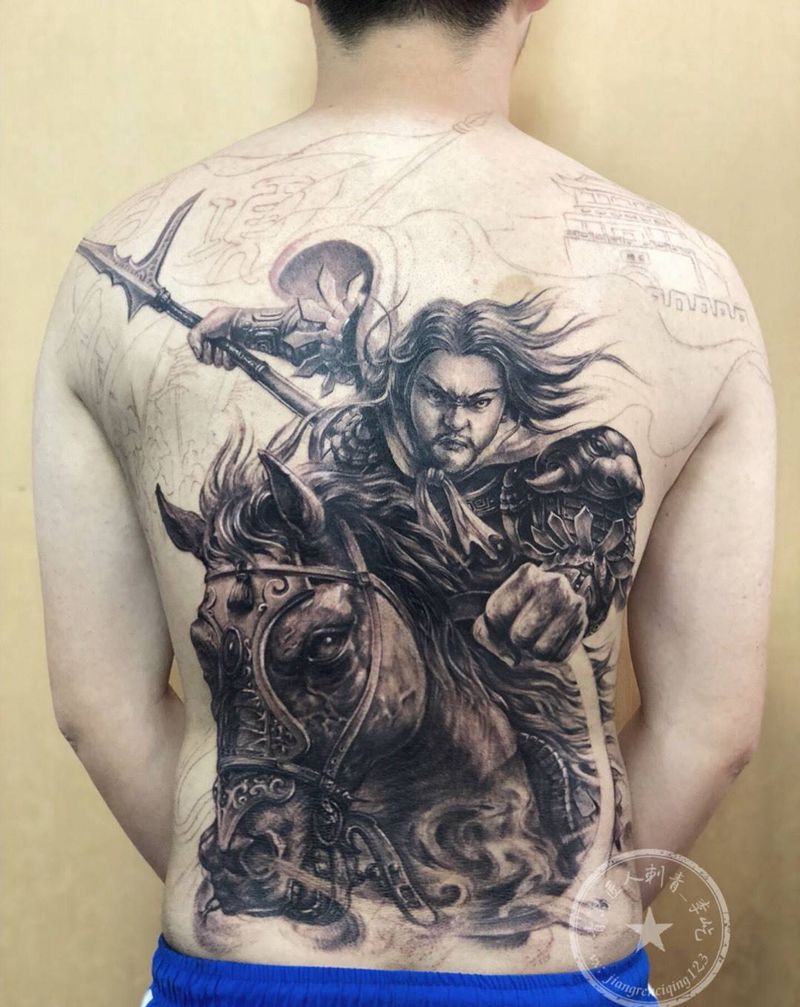 项羽 满背 巨鹿之战纹身图片_成品背部传统写实人物纹身图案