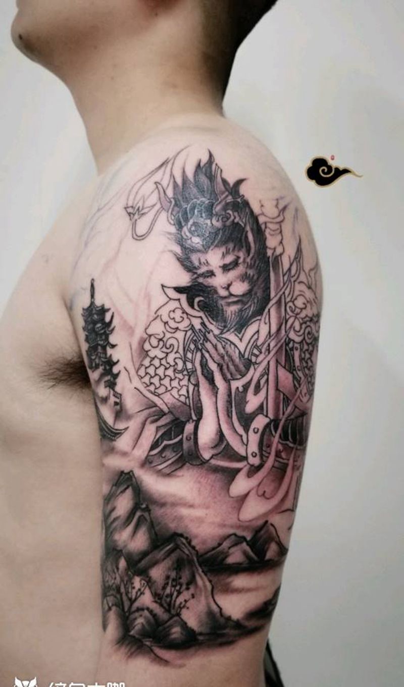 大圣纹身图片_手臂新传统水墨齐天大圣孙悟空斗战胜佛纹身图案