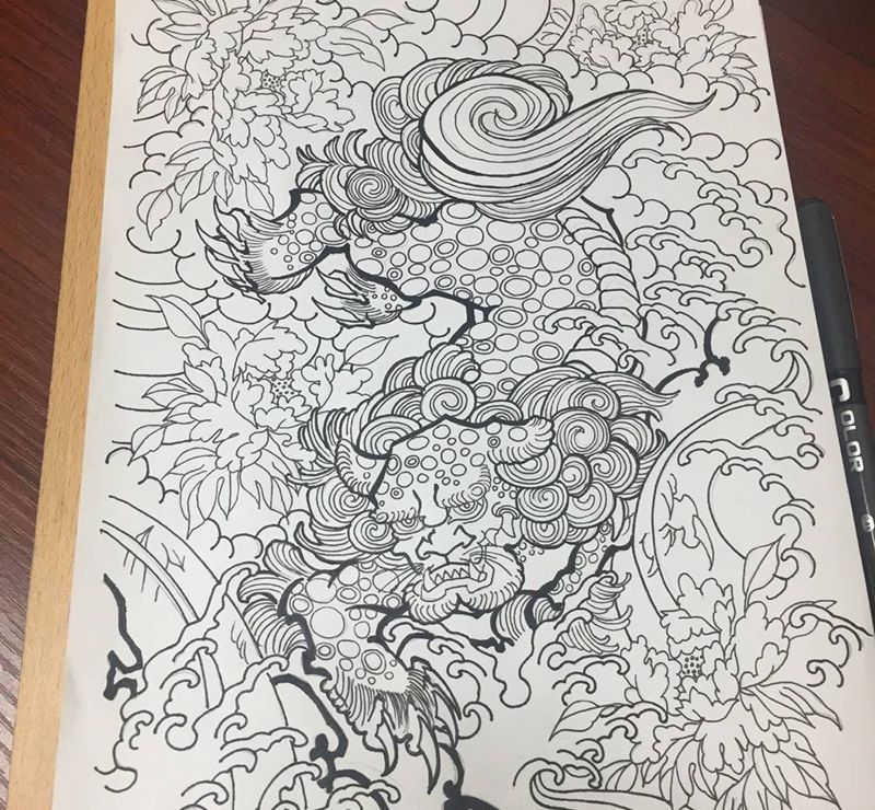 传统唐狮手稿纹身图片_背部腿部老传统新传统唐狮雲刺青纹身图案