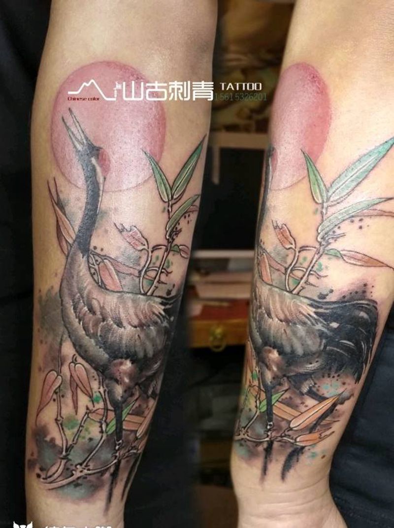 仙鹤纹身图片_手臂新传统纹身图案