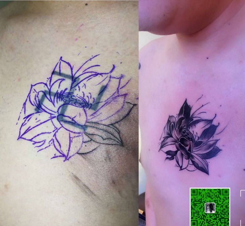 莲花遮盖纹身图片_成品胸部传统植物纹身图案